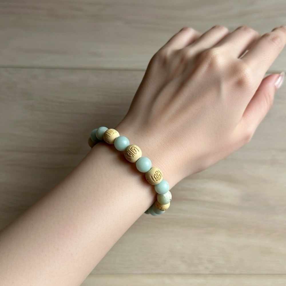 Amazonite and Carved Wood Bead Stretch Bracele, 6.5”- 7”